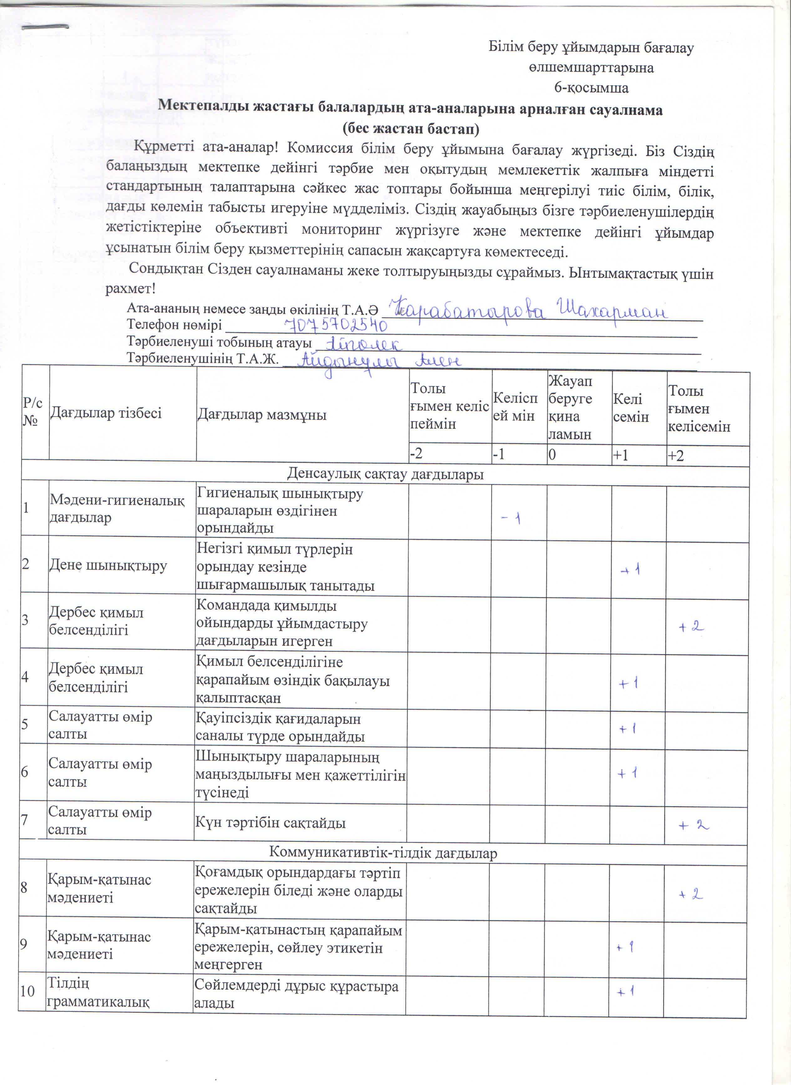 Білім беру ұйымдарын бағалау өлшемшарттарына 6-қосымша.  Мектепалды жастағы балалардың ата-аналарына арналған сауалнама (бес жастан бастап)